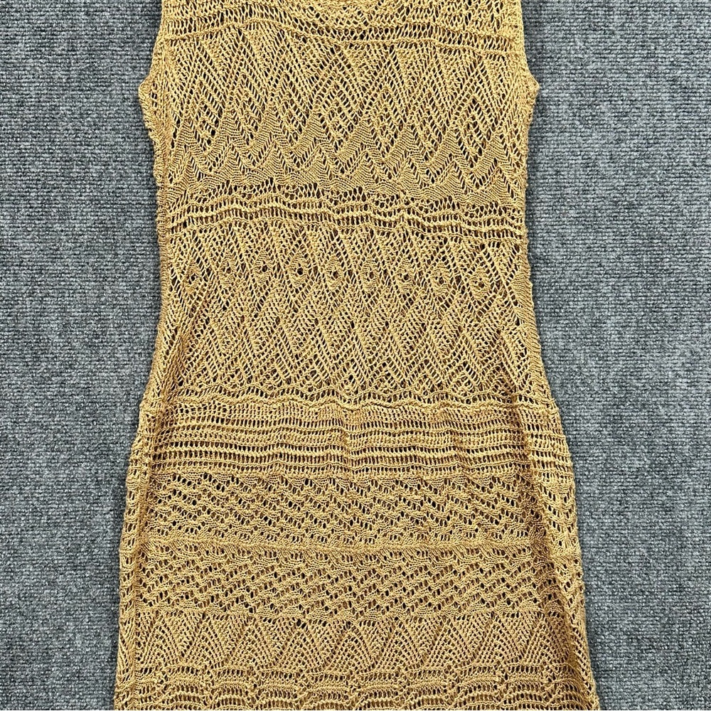 Lauren Ralph Lauren crochet linen beach cover up dress LARGE fringe tan gold - Picture 3 of 8